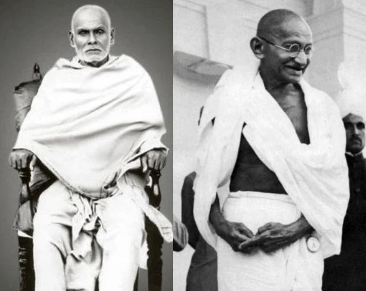 A black and white split image showing two historical figures. On the left, a seated man in a white shawl and traditional attire. On the right, a standing man in a white garment with glasses, striking a thoughtful pose.