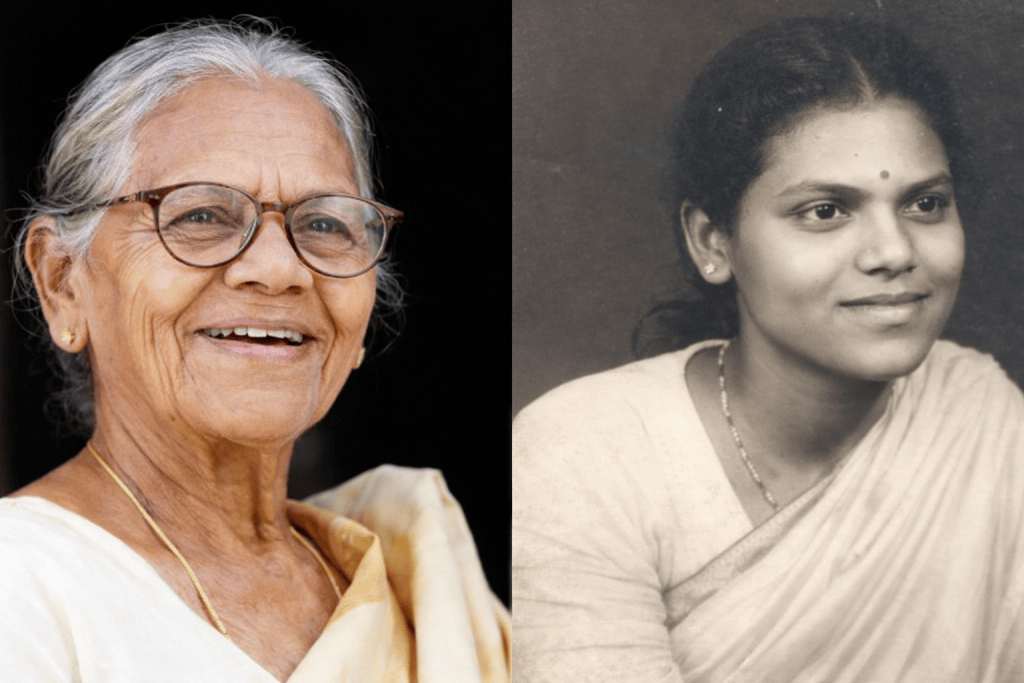 A split image featuring a smiling elderly woman on the left, wearing glasses and traditional attire, and a black-and-white photograph of a young woman with a gentle expression, also in traditional clothing, on the right.