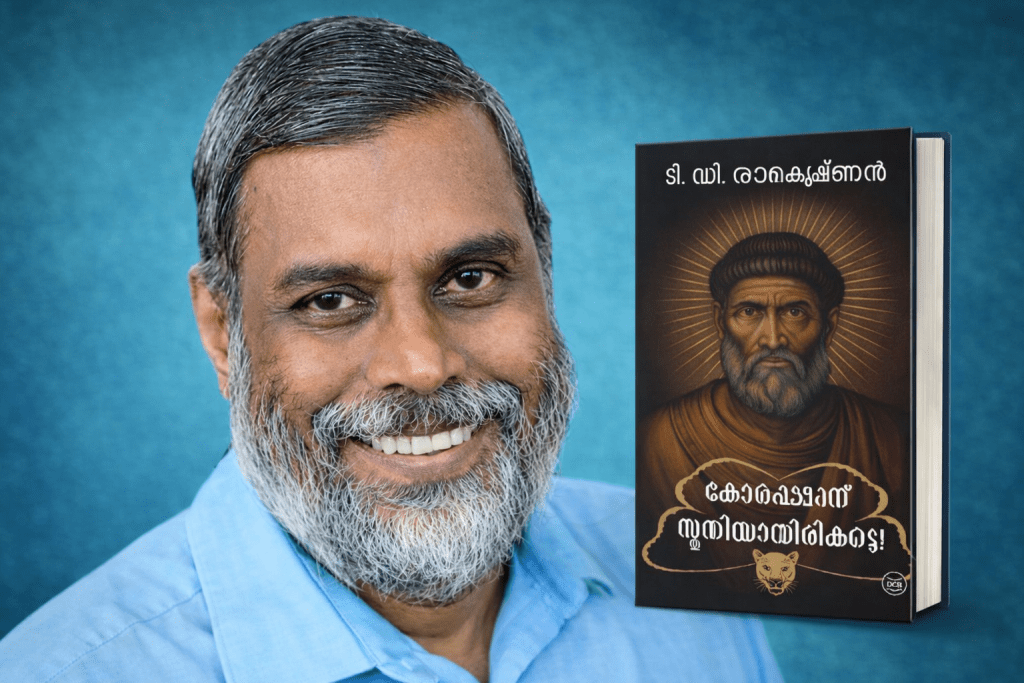 A smiling man with a beard wearing a blue shirt, standing next to a book featuring an illustrated portrait of a historical figure, on a blue background.